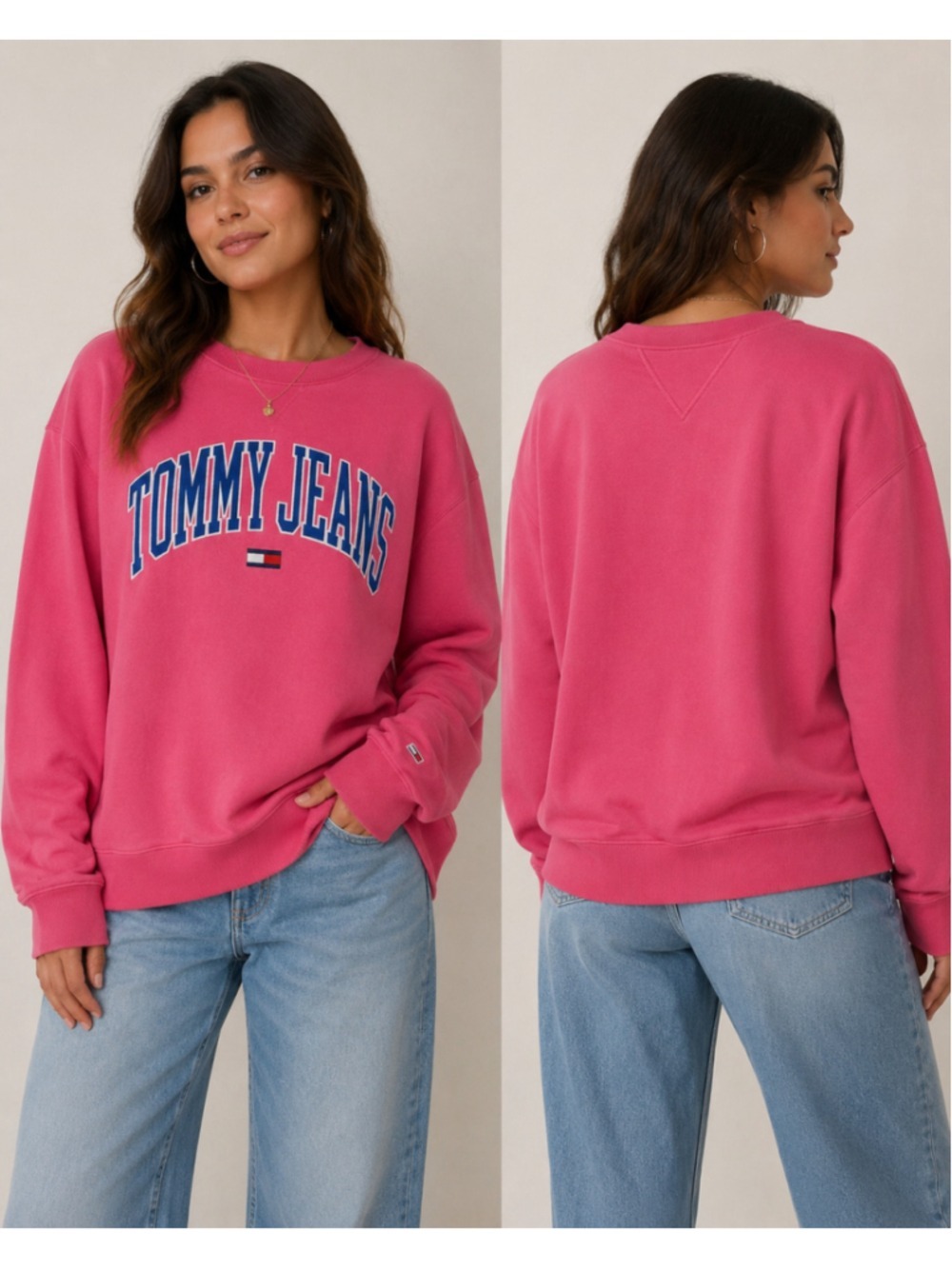 Tommy Jeans Women's L/G Pink Logo Crewneck Sweatshirt Spellout Pullover